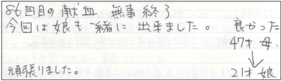 86回目の献血、無事終了。今回は娘も一緒に出来ました。良かった（47才母）→頑張りました。（21歳娘）