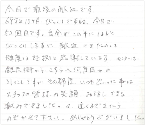 今日で最後の献血です。69歳と10ヶ月びっくりですね。今日で52回目です。自分がこの年になるとびっくりしますが、献血できたのは健康な証拠と感謝しています。センターは銀天街からこちらへ何度目かの引っ越しですが、その都度、いつも思った事はスタッフの皆様の笑顔。お話しできる楽しみできました。又、近くまできたらのぞかせて下さい。ありがとうございました。