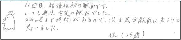 11回目、結婚後初の献血です。いつも通り、安定の献血でした。400ｍLまで時間があるので、次は成分献血に来ようと思いました。