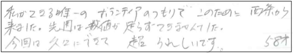 私ができる唯一のボランティアのつもりでこのために西条から来ました。先週は数値が足らずできませんでした。今回は久々にできて超うれしいです。