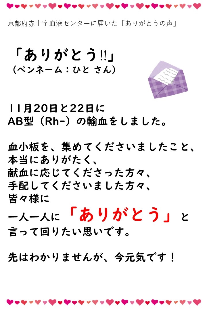 京都府赤十字血液センターに届いた「ありがとうの声」「ありがとう!!」（ペンネーム：ひとさん）11月20日と22日にAB型（Rh-）の輸血をしました。血小板を、集めてくださいましたこと、本当にありがたく、献血に応じてくださった方々、手配してくたさいました方々、皆々様に一人一人に「ありがとう」と言って回りたい思いです。先はわかりませんが、今元気です！