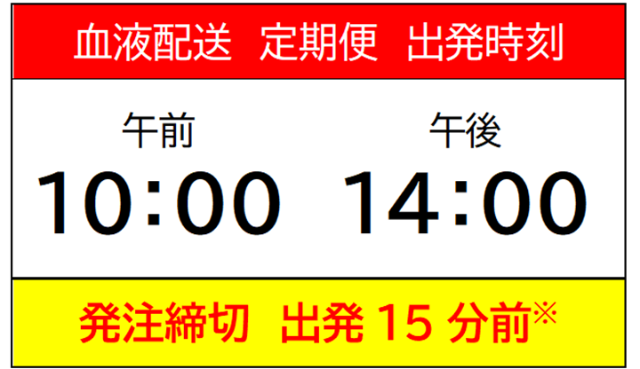 血液配送定期便出発時刻　午前10:00　午後14:00　発注締切出発15分前※