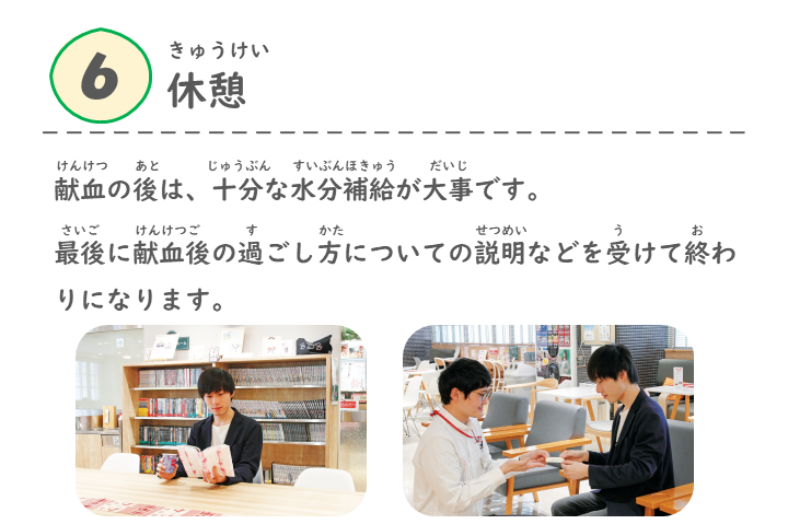 (6)献血カードの受け取り、休憩。献血の後は、十分な水分補給が大事です。最後に献血カードを受け取って終わりになります。