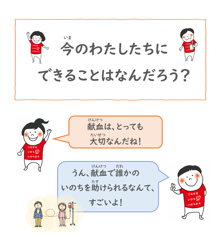 今のわたしたちにできることはなんだろう？献血は、とっても大切なんだね！うん、献血で誰かのいのちを助けられるなんで、すごいよ！